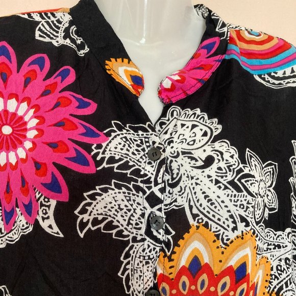 Nita Women's Tunic Dress Top Button Up 3/4 Sleeve Boho Black Multicolored XL/G - Picture 5 of 9